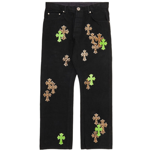 Chrome Hearts Green and Leopard Cross Patch Jeans